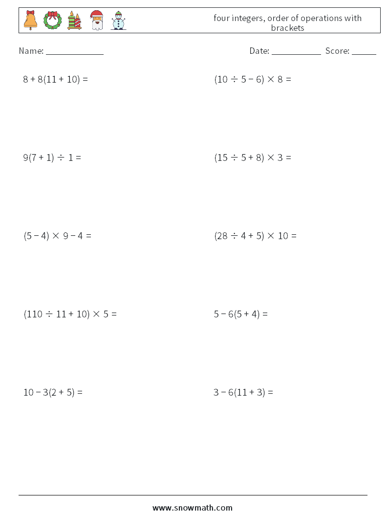 four integers, order of operations with brackets Math Worksheets 1