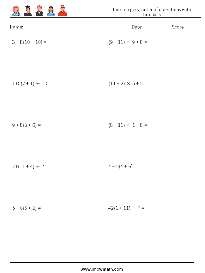 four integers, order of operations with brackets Maths Worksheets 10
