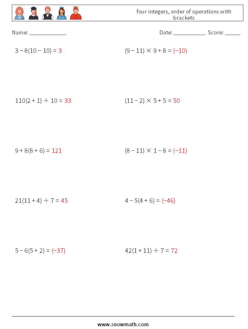 four integers, order of operations with brackets Math Worksheets 10 Question, Answer