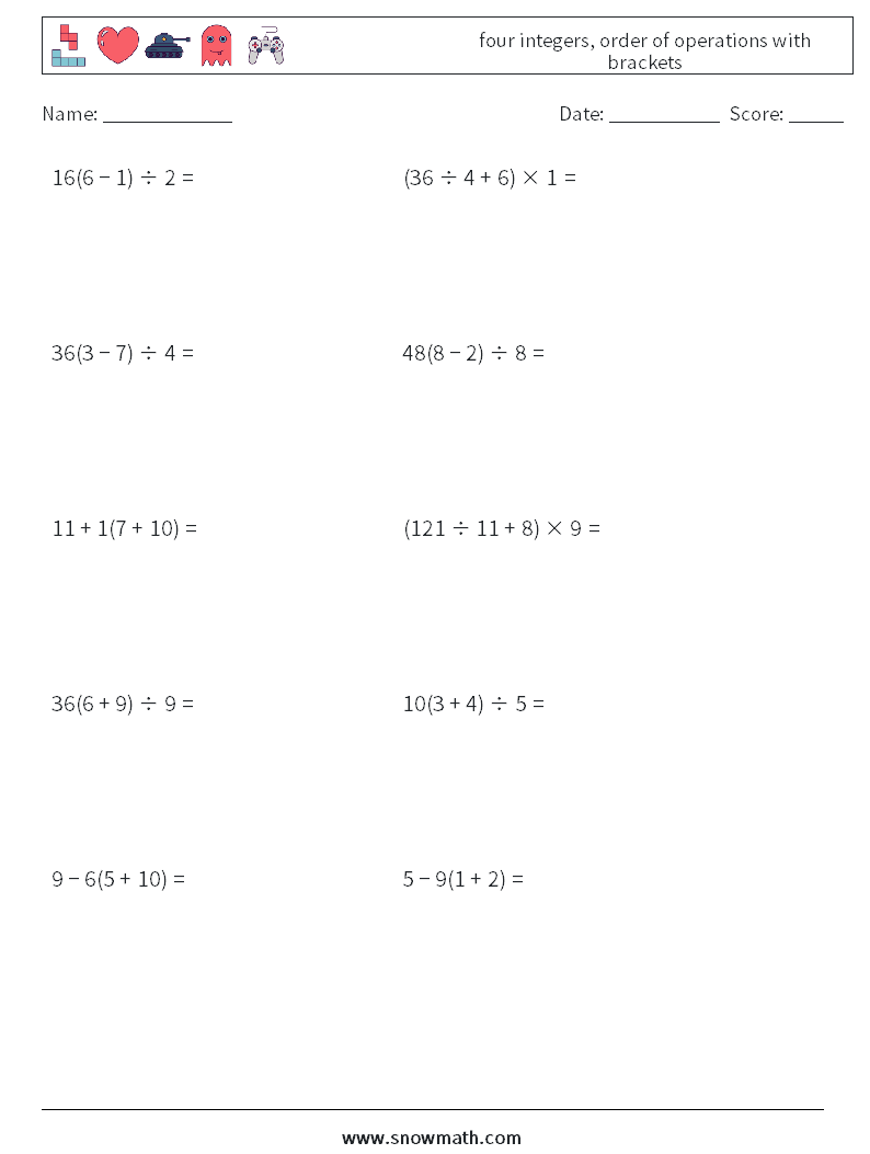 four integers, order of operations with brackets Maths Worksheets 12