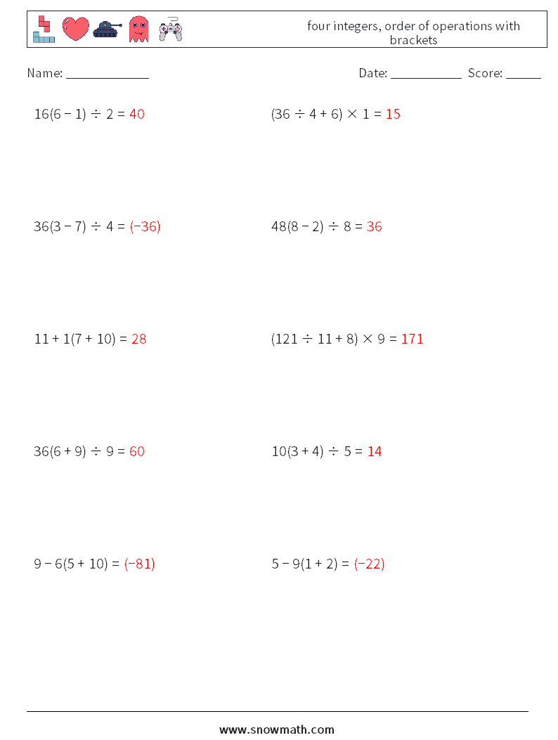 four integers, order of operations with brackets Math Worksheets 12 Question, Answer