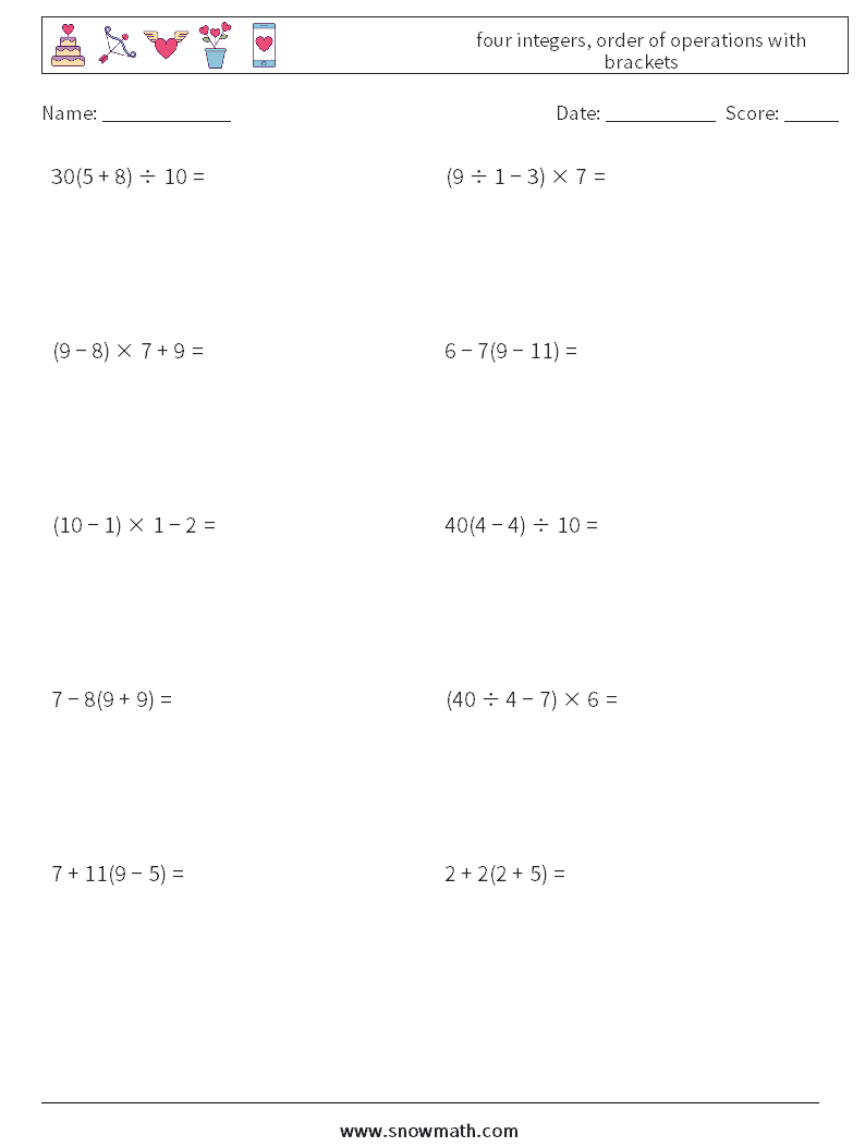 four integers, order of operations with brackets Math Worksheets 13
