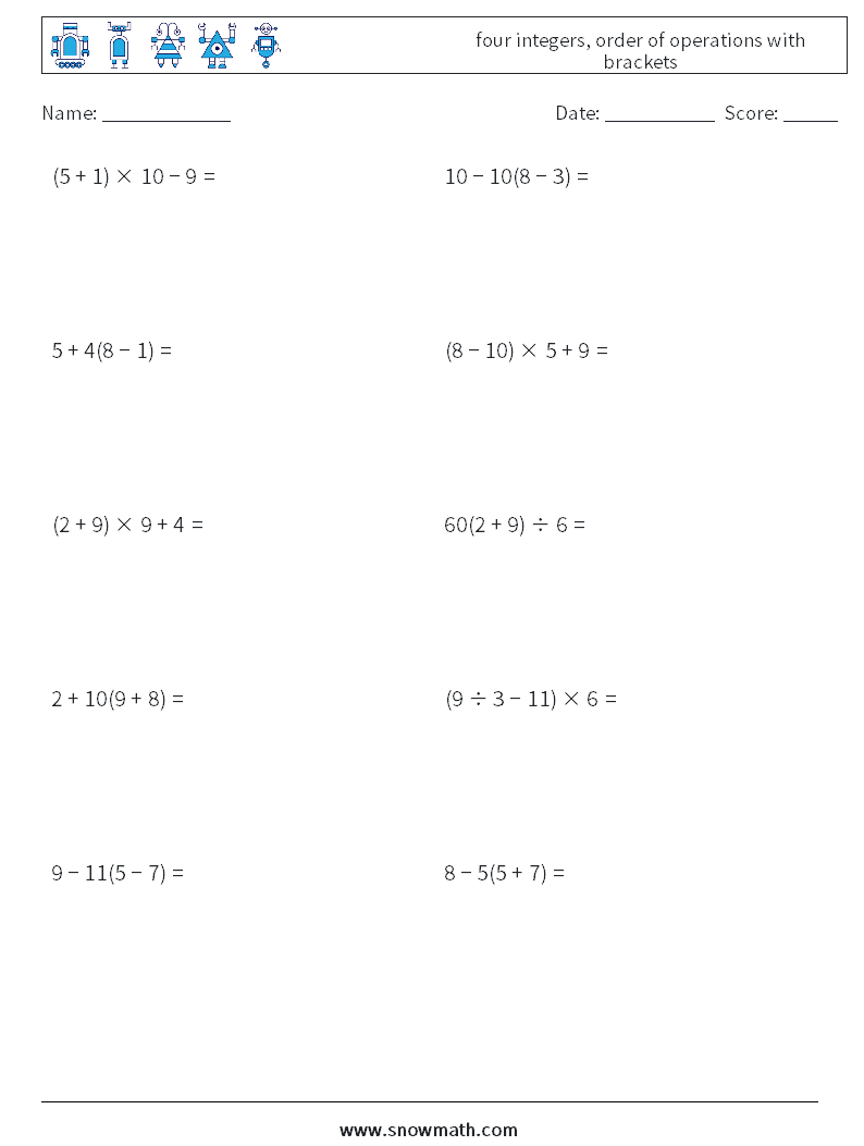 four integers, order of operations with brackets Maths Worksheets 14