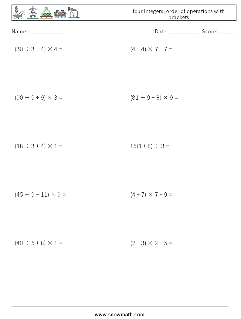 four integers, order of operations with brackets Math Worksheets 15