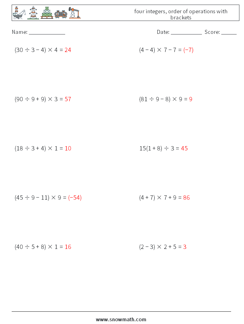 four integers, order of operations with brackets Math Worksheets 15 Question, Answer