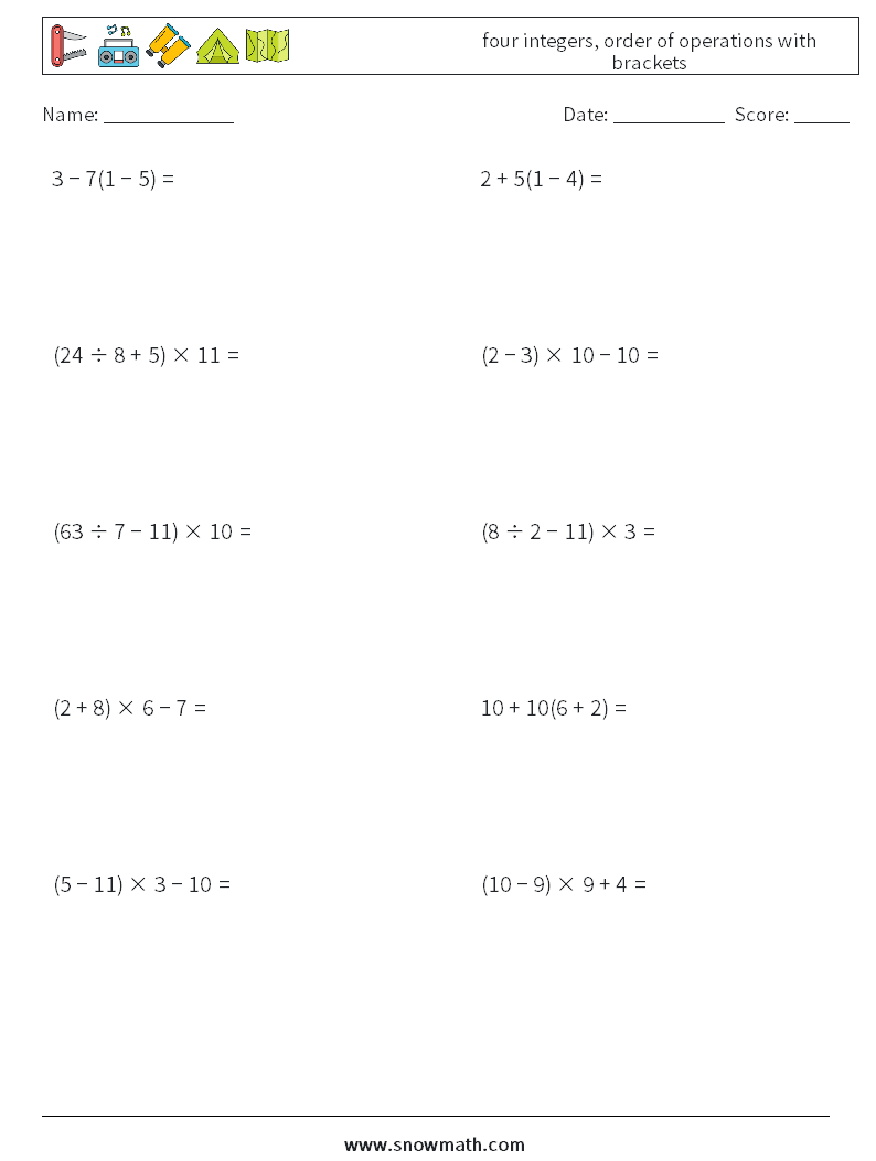 four integers, order of operations with brackets Maths Worksheets 17