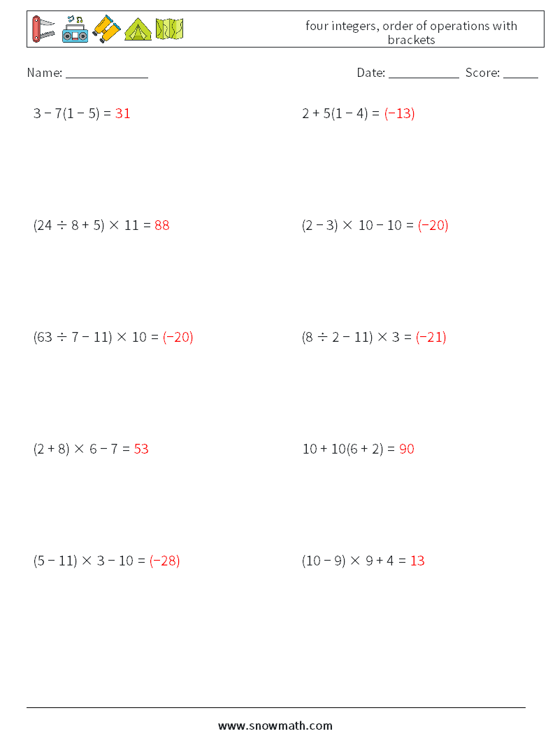 four integers, order of operations with brackets Math Worksheets 17 Question, Answer