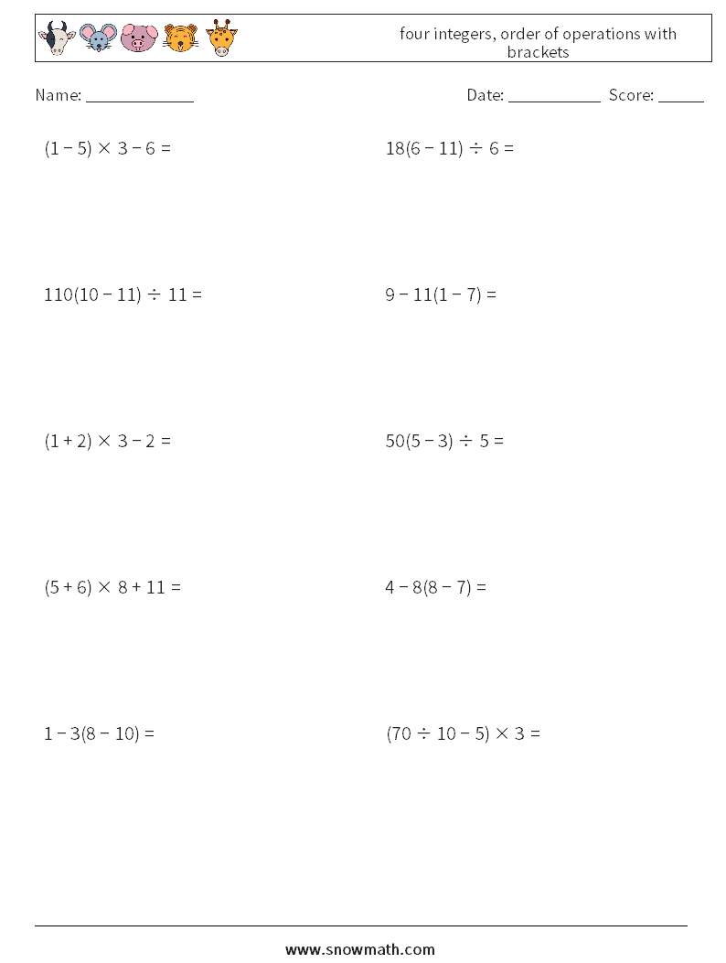 four integers, order of operations with brackets Maths Worksheets 18