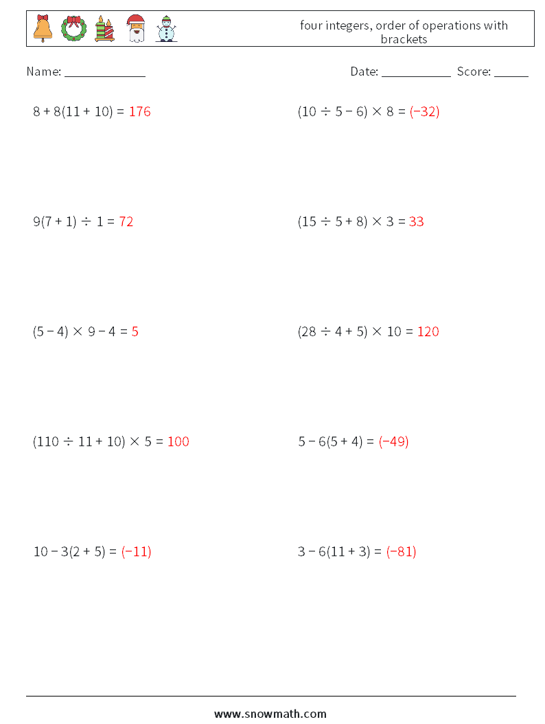 four integers, order of operations with brackets Math Worksheets 1 Question, Answer