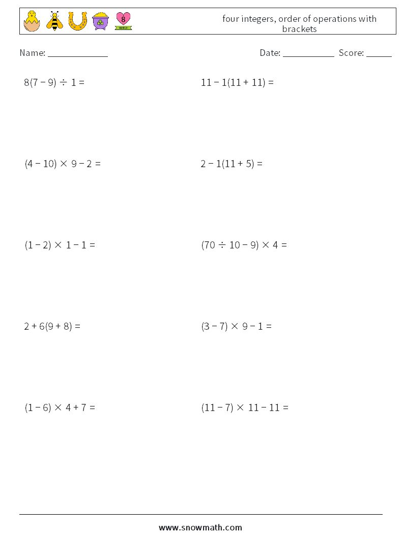 four integers, order of operations with brackets Math Worksheets 2