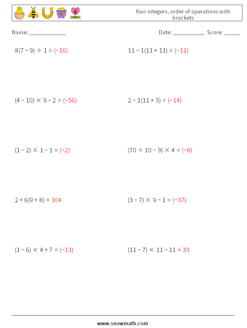 four integers, order of operations with brackets Math Worksheets 2 Question, Answer