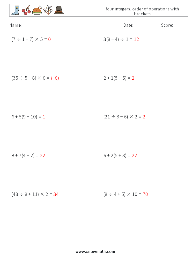 four integers, order of operations with brackets Math Worksheets 4 Question, Answer