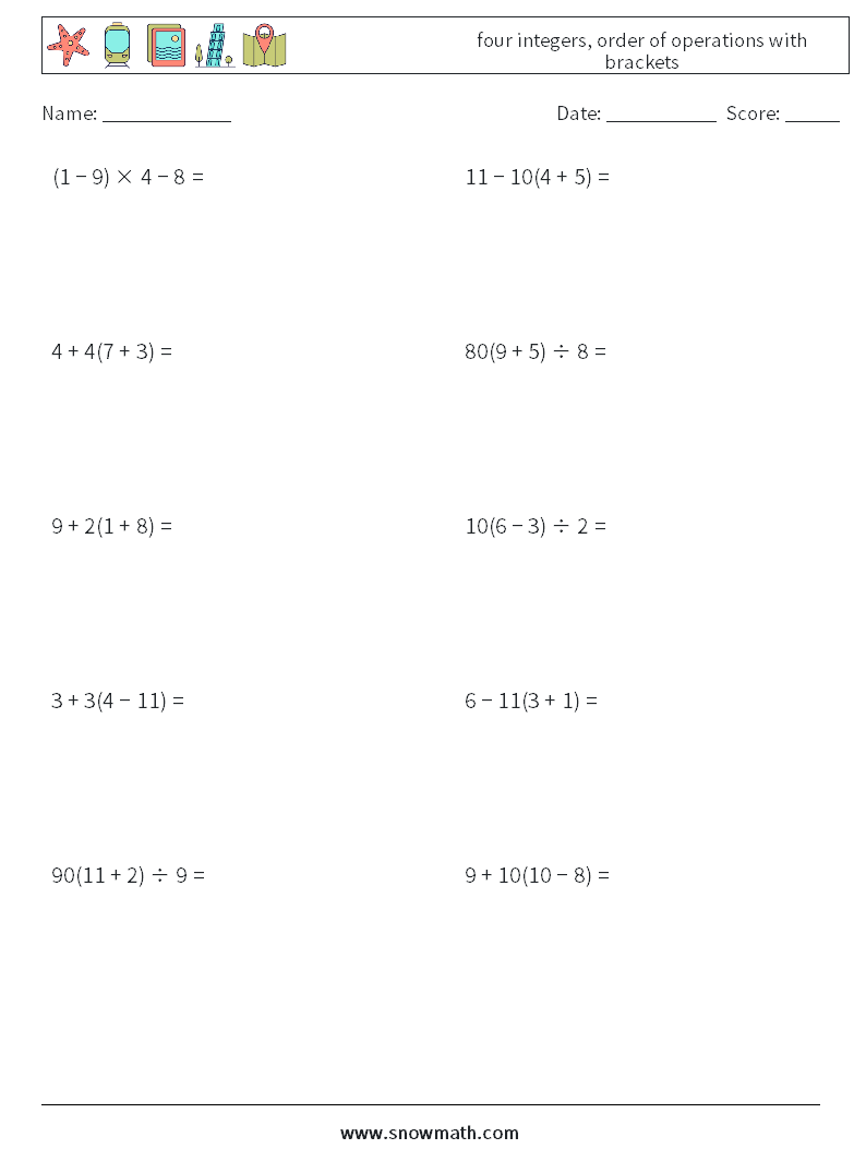 four integers, order of operations with brackets Maths Worksheets 5