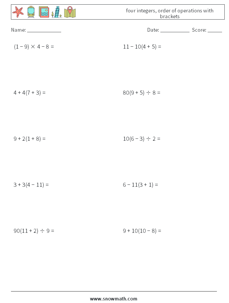 four integers, order of operations with brackets Math Worksheets 5