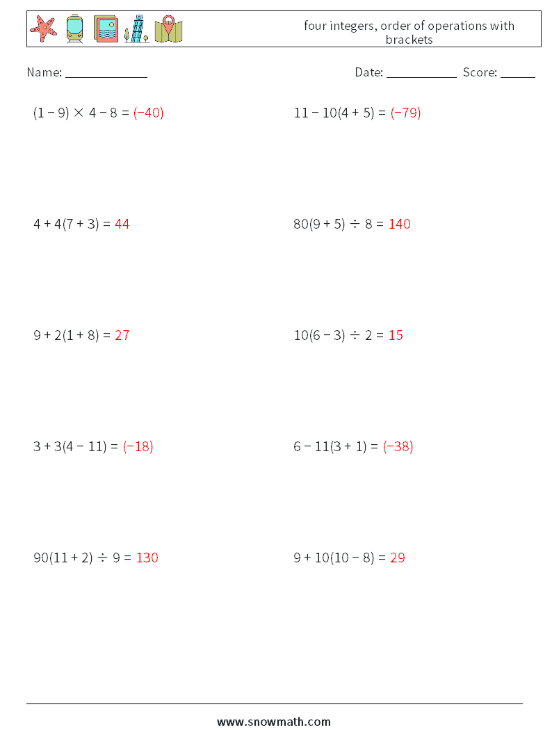 four integers, order of operations with brackets Math Worksheets 5 Question, Answer