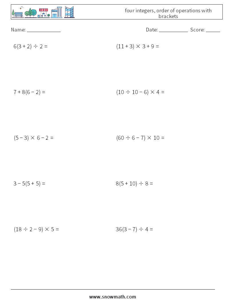 four integers, order of operations with brackets Math Worksheets 6