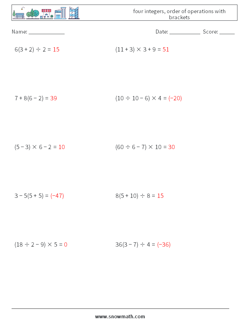 four integers, order of operations with brackets Math Worksheets 6 Question, Answer