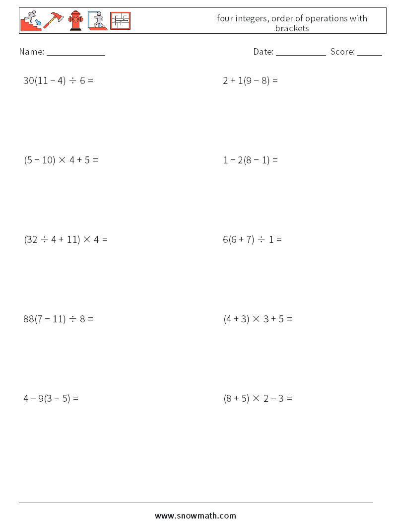 four integers, order of operations with brackets Maths Worksheets 7