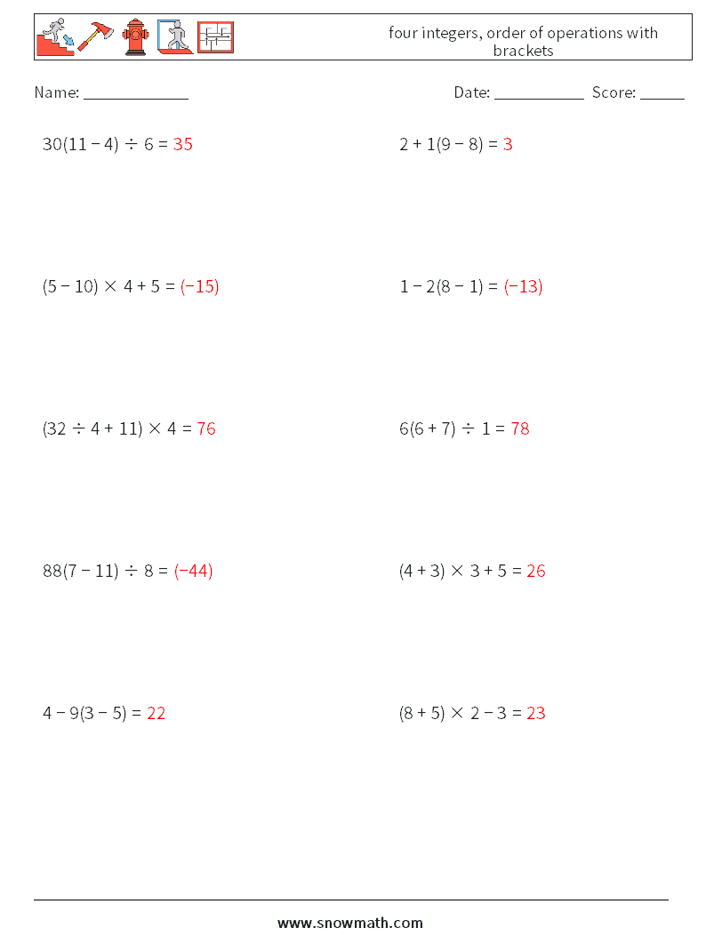 four integers, order of operations with brackets Math Worksheets 7 Question, Answer
