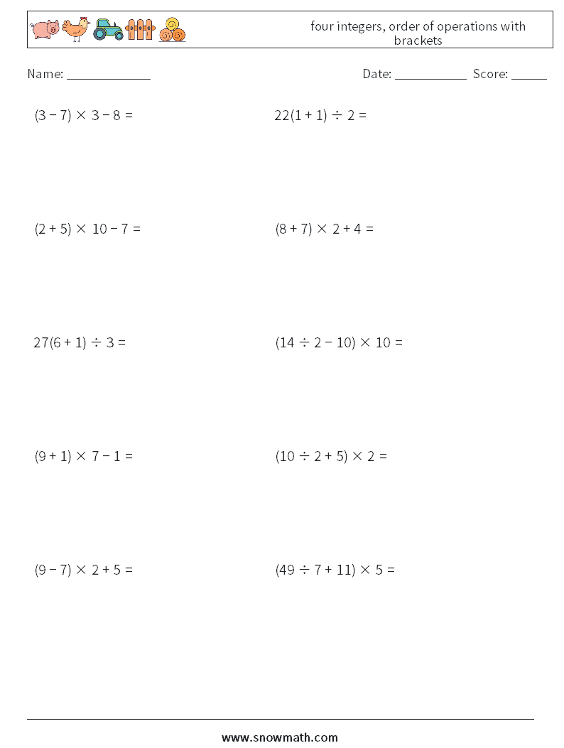 four integers, order of operations with brackets Maths Worksheets 8