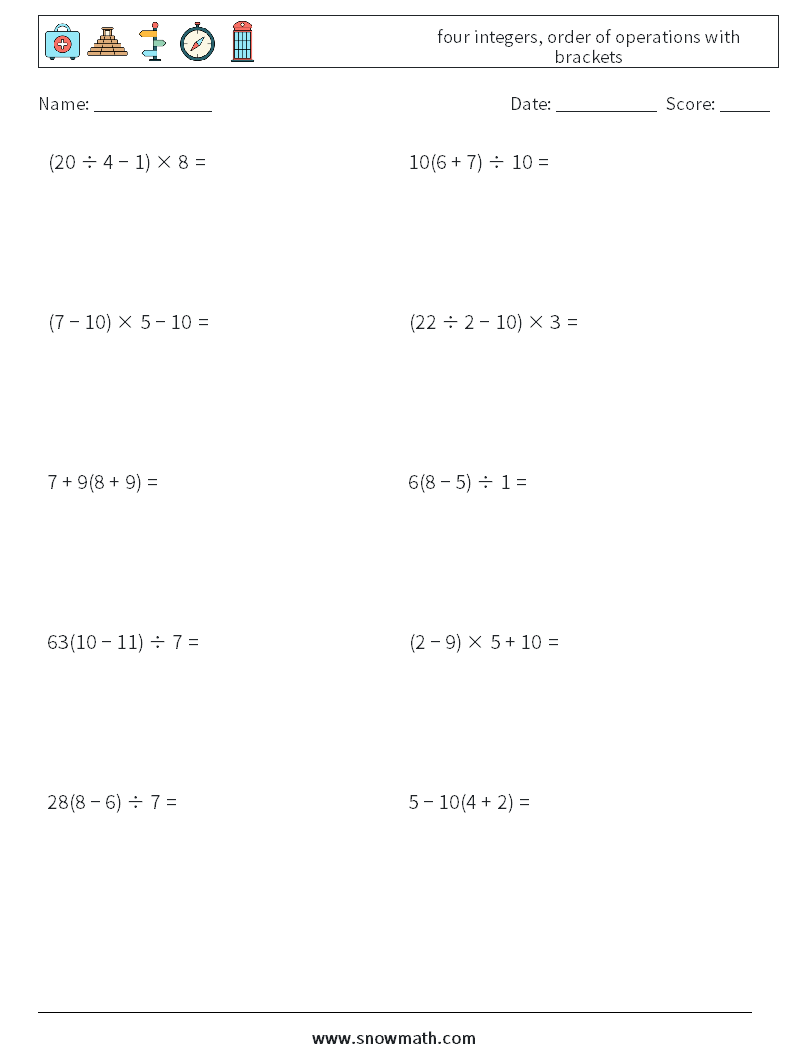four integers, order of operations with brackets Maths Worksheets 9