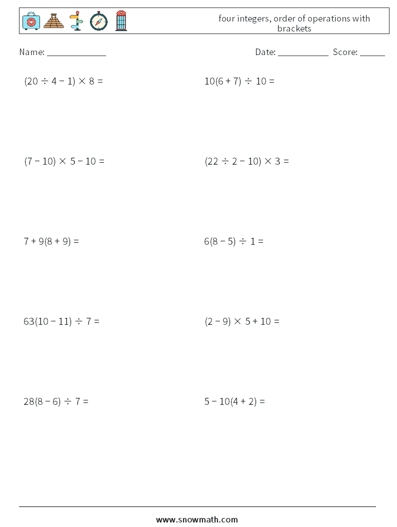 four integers, order of operations with brackets Math Worksheets 9