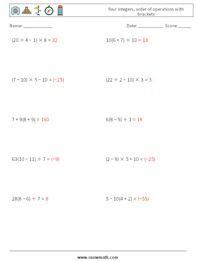 four integers, order of operations with brackets Math Worksheets 9 Question, Answer