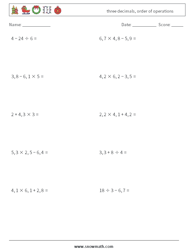 three decimals, order of operations Maths Worksheets 10