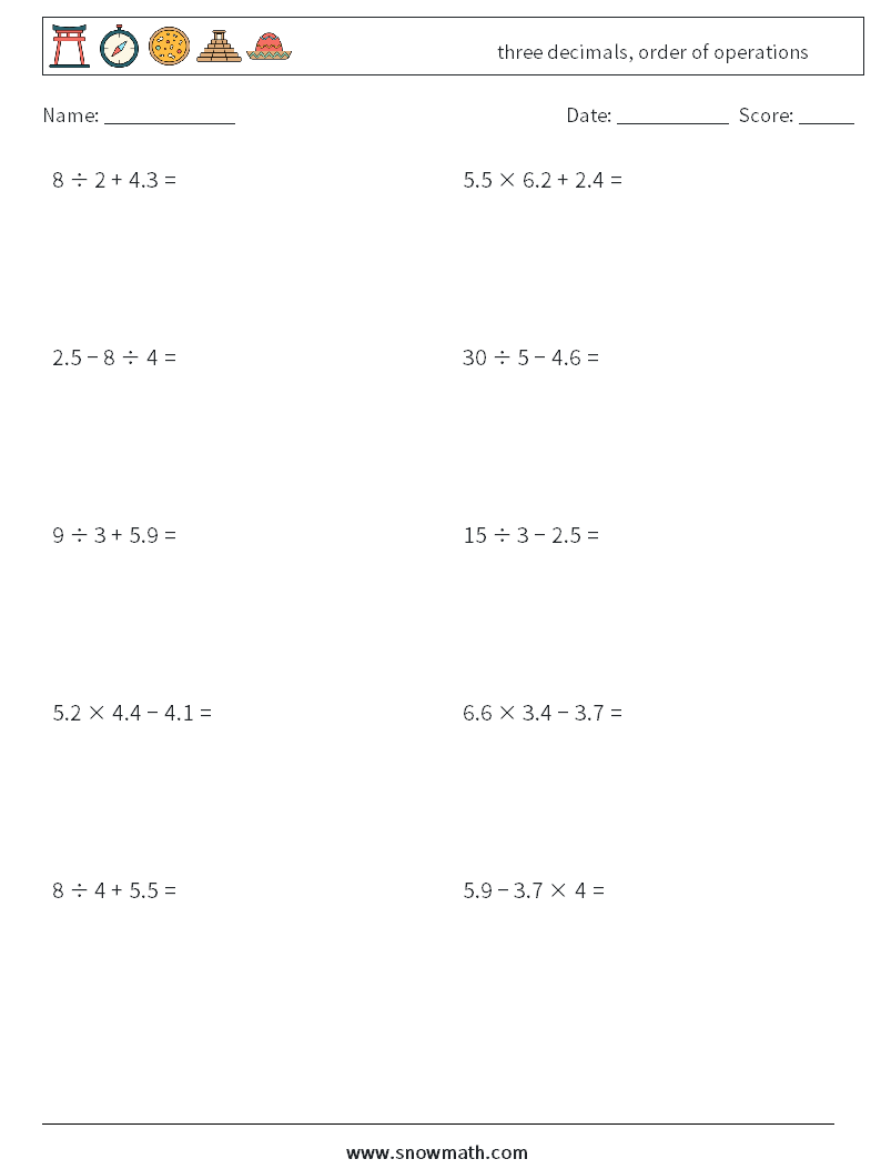 three decimals, order of operations Maths Worksheets 13