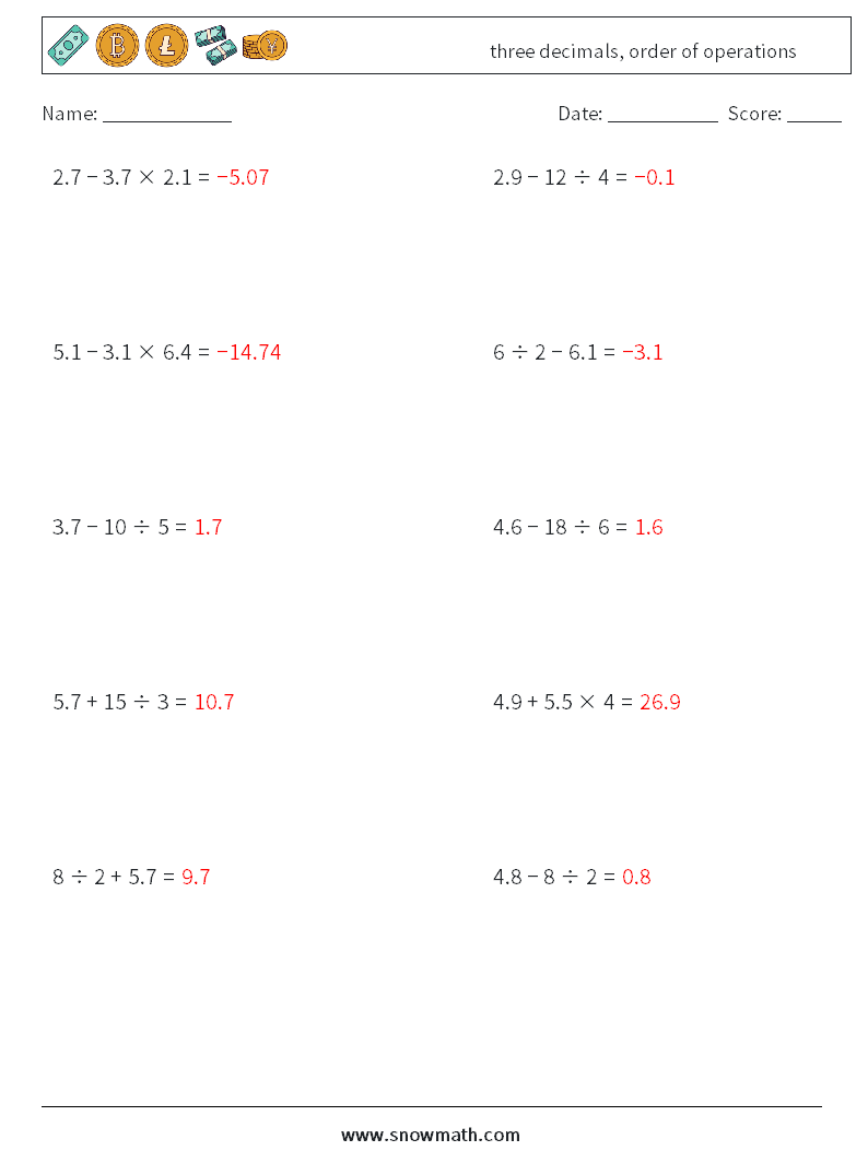 three decimals, order of operations Math Worksheets 15 Question, Answer
