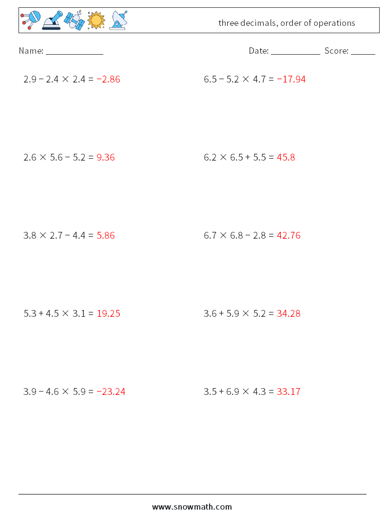 three decimals, order of operations Math Worksheets 18 Question, Answer