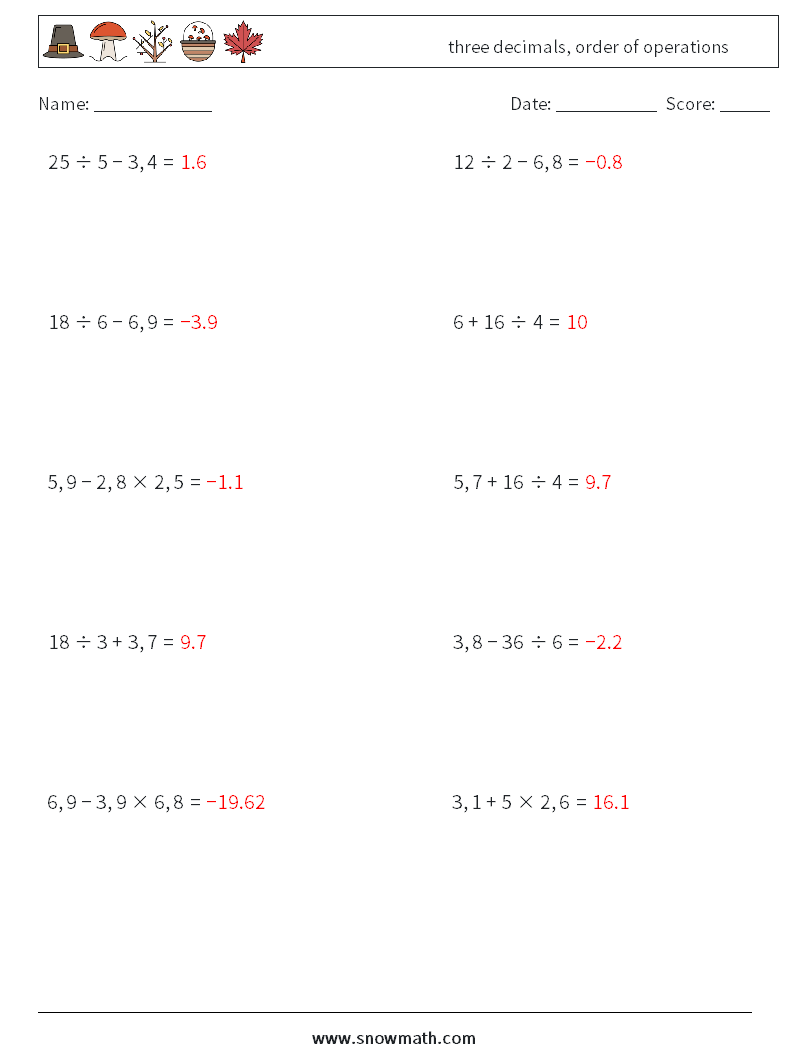 three decimals, order of operations Math Worksheets 1 Question, Answer