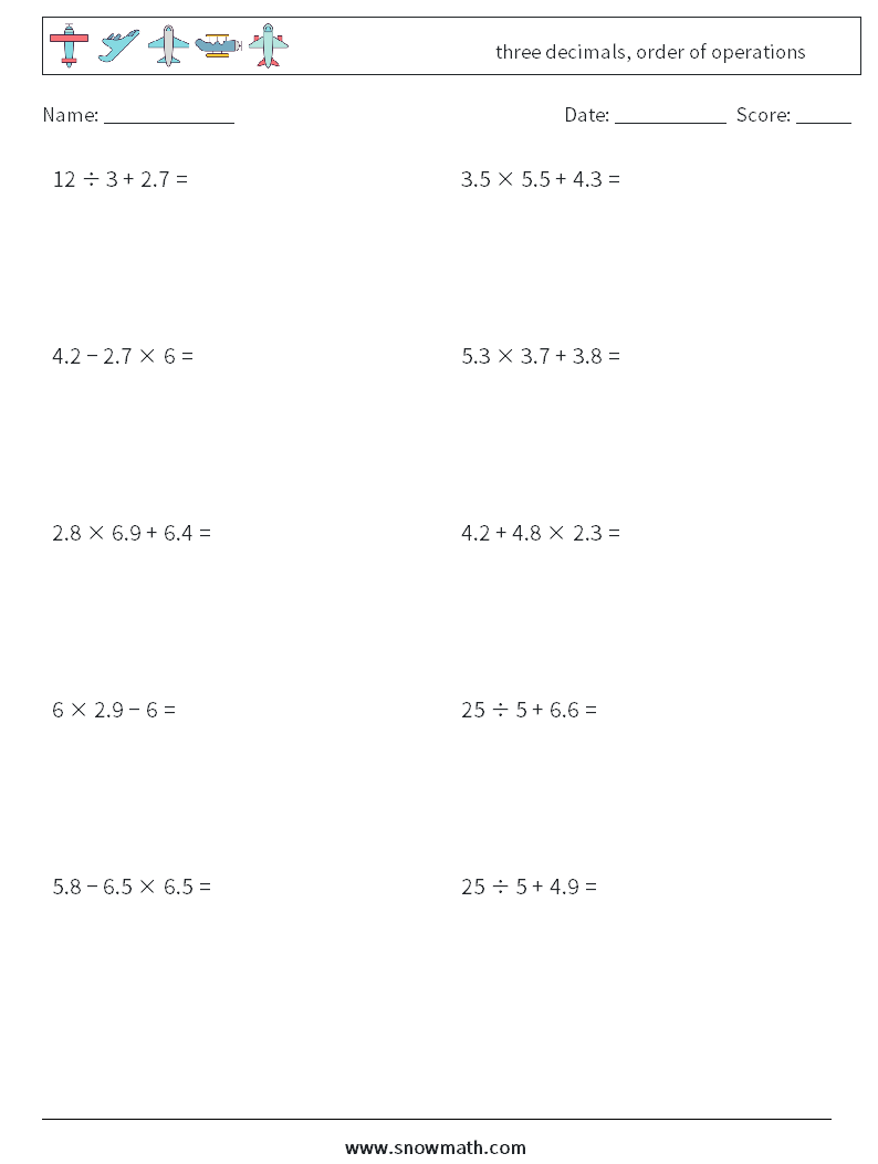 three decimals, order of operations Math Worksheets 2