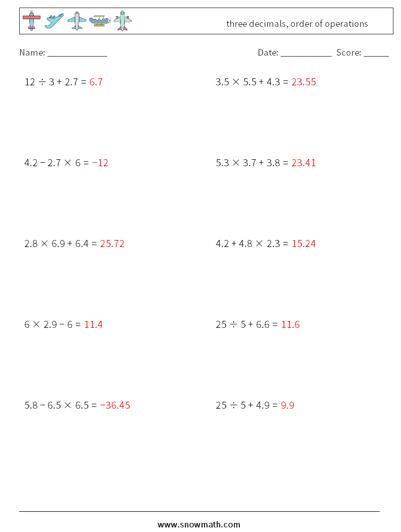 three decimals, order of operations Math Worksheets 2 Question, Answer