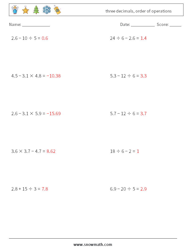 three decimals, order of operations Math Worksheets 3 Question, Answer