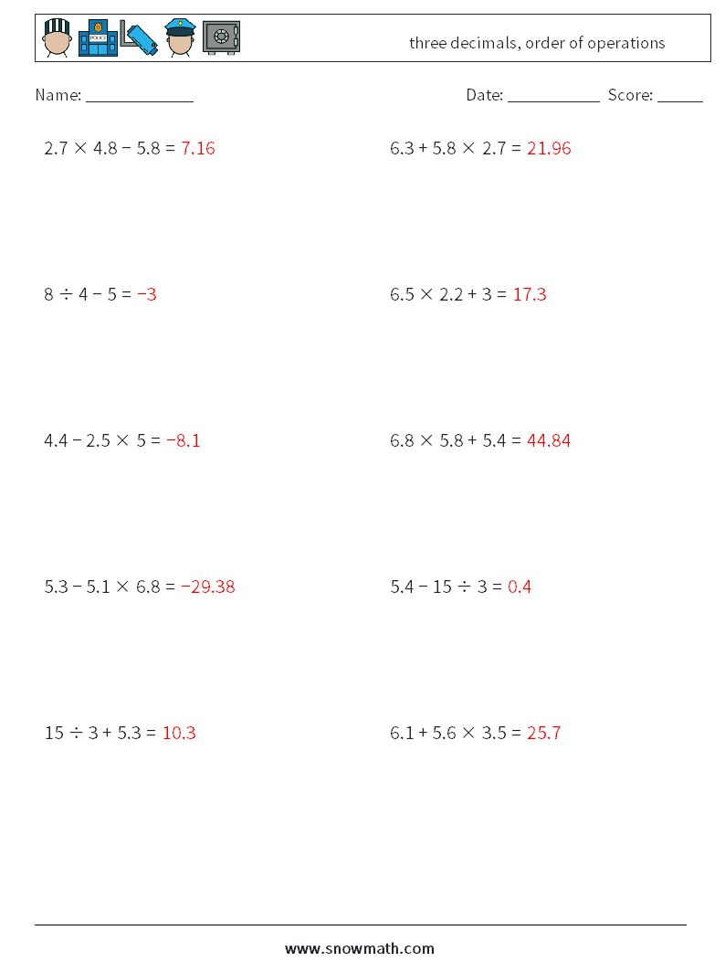 three decimals, order of operations Math Worksheets 4 Question, Answer