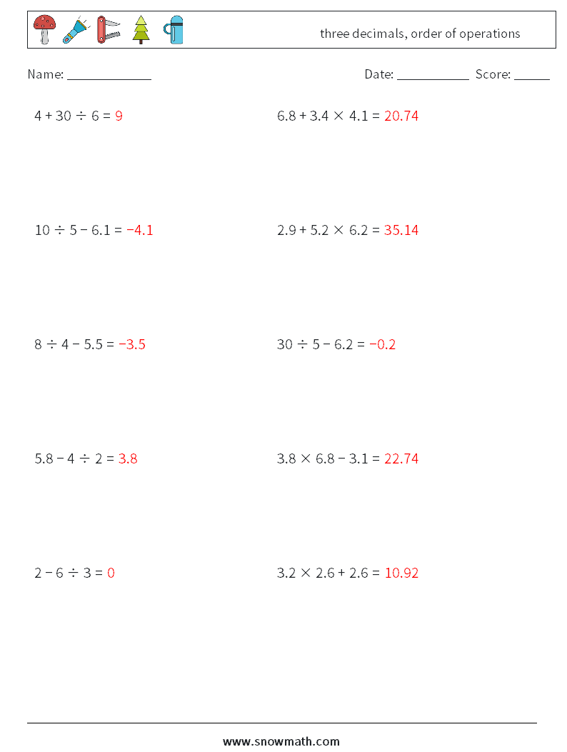 three decimals, order of operations Math Worksheets 5 Question, Answer