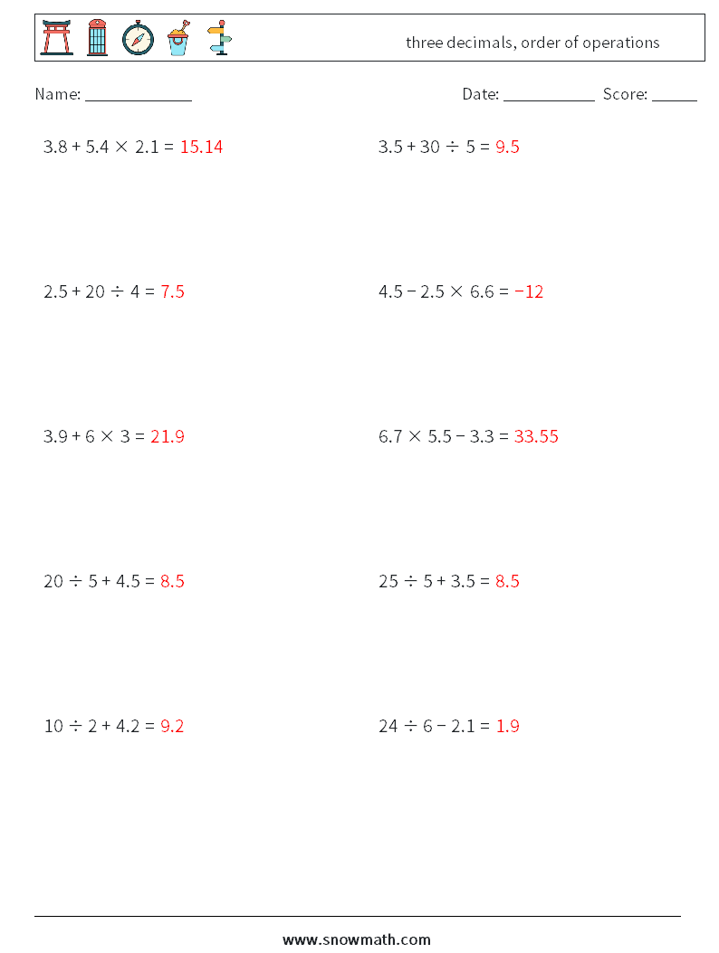 three decimals, order of operations Math Worksheets 6 Question, Answer