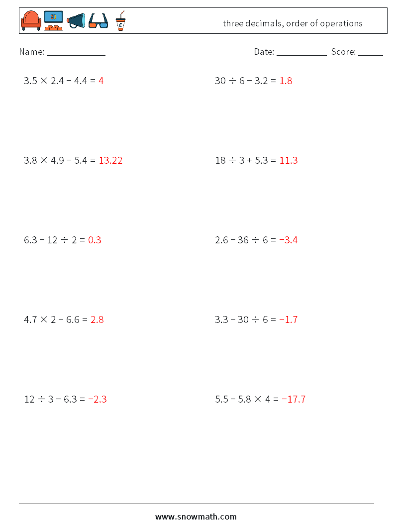 three decimals, order of operations Math Worksheets 7 Question, Answer