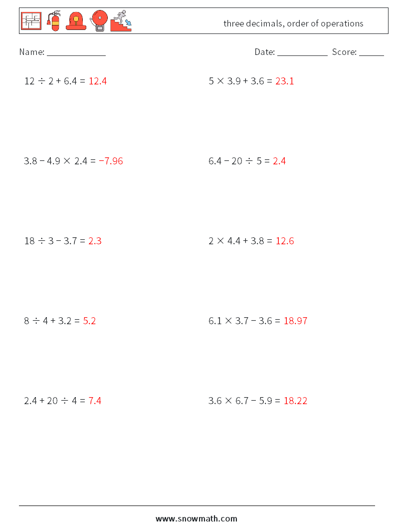 three decimals, order of operations Math Worksheets 8 Question, Answer