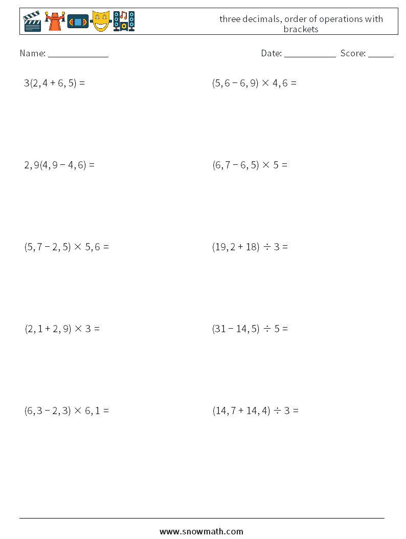 three decimals, order of operations with brackets Maths Worksheets 1