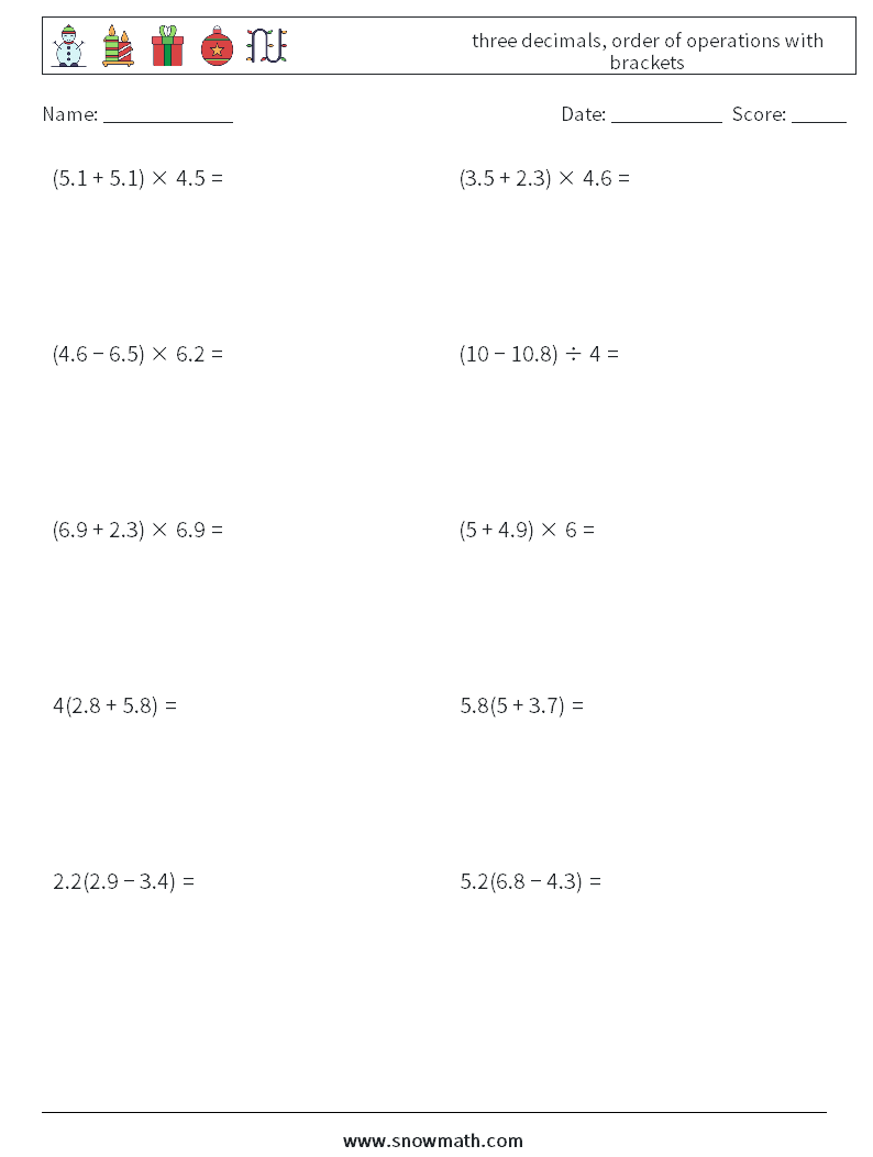 three decimals, order of operations with brackets Maths Worksheets 11
