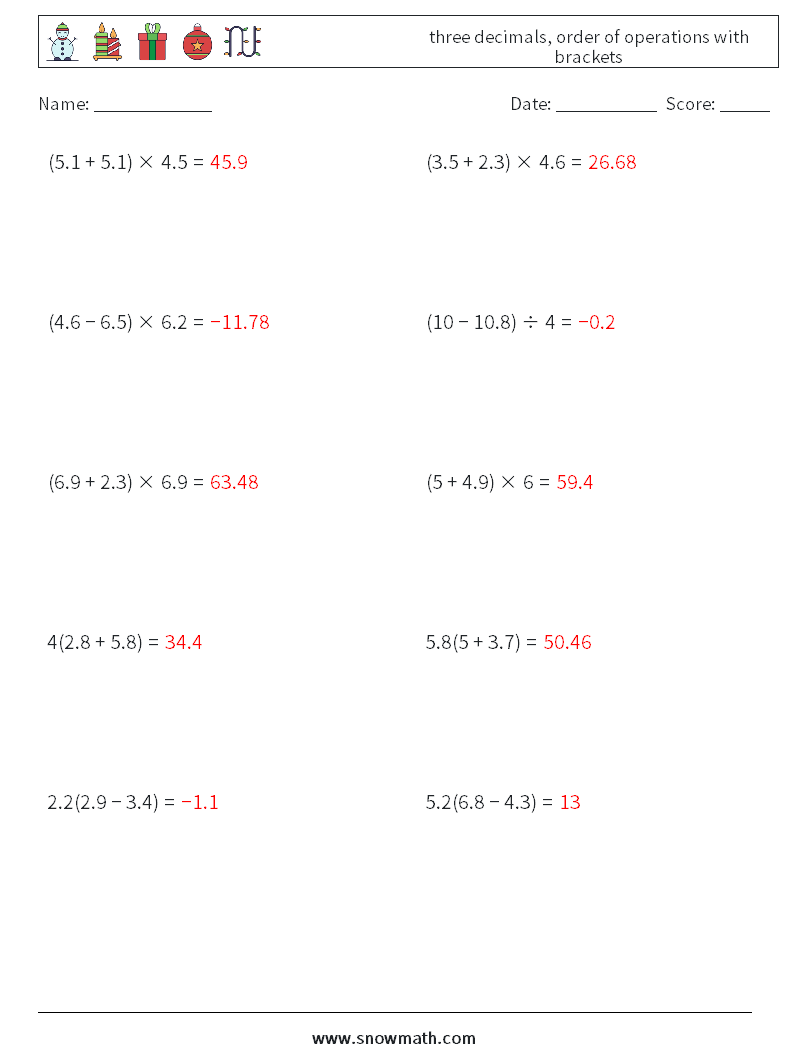 three decimals, order of operations with brackets Math Worksheets 11 Question, Answer