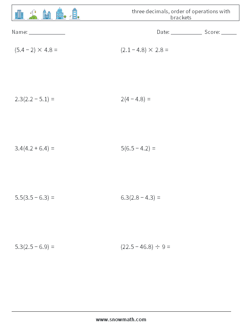three decimals, order of operations with brackets Math Worksheets 12