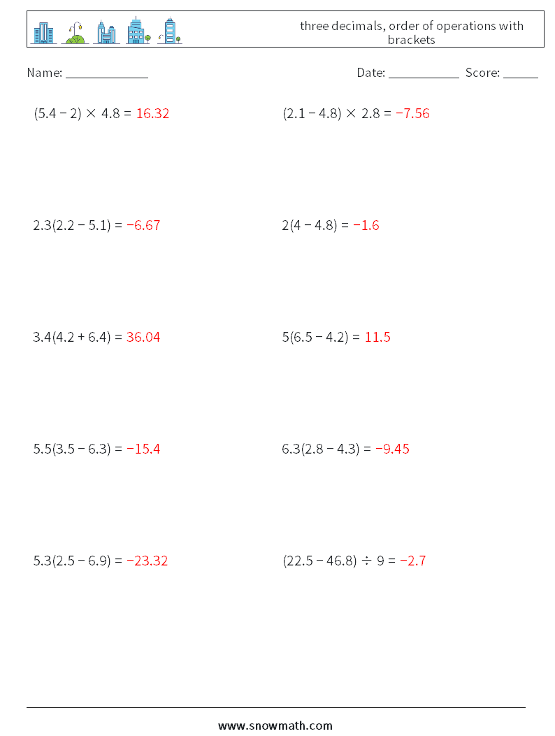 three decimals, order of operations with brackets Math Worksheets 12 Question, Answer