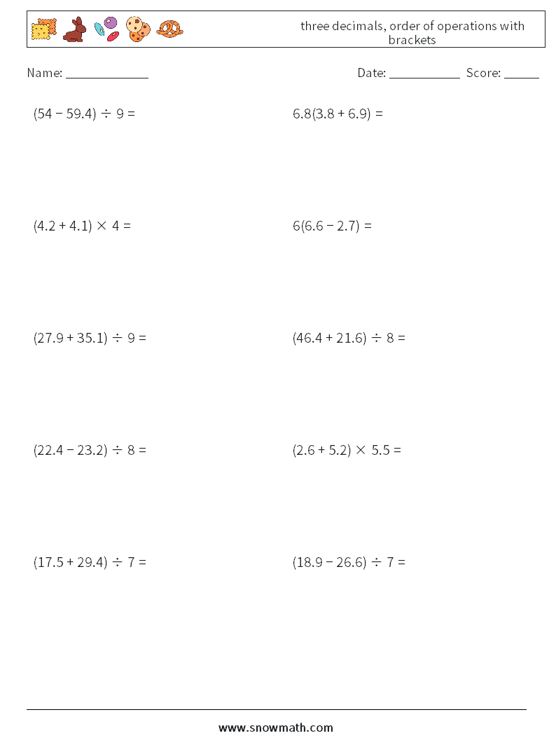 three decimals, order of operations with brackets Maths Worksheets 13