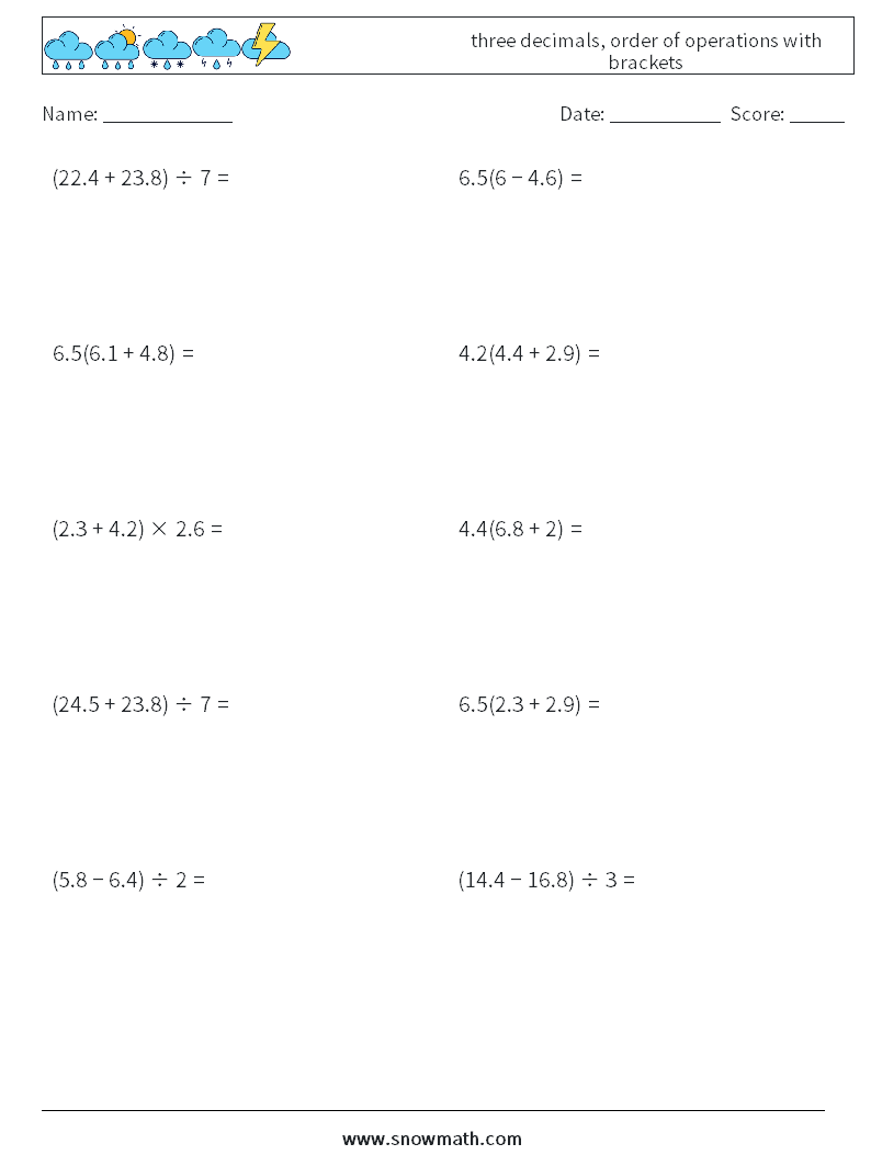 three decimals, order of operations with brackets Maths Worksheets 14