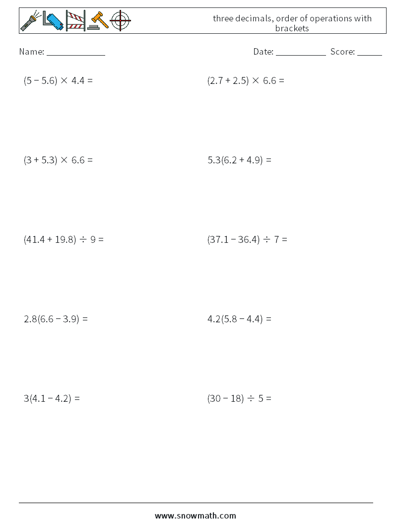 three decimals, order of operations with brackets Maths Worksheets 15
