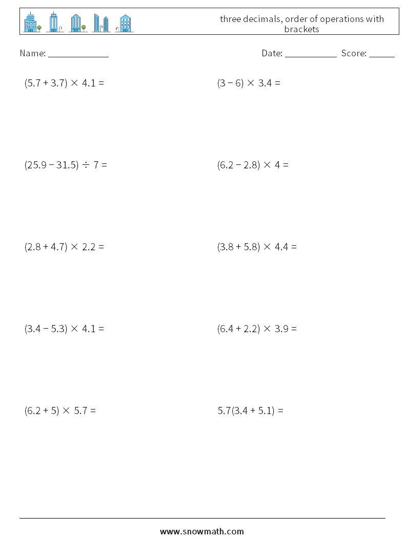 three decimals, order of operations with brackets Maths Worksheets 16