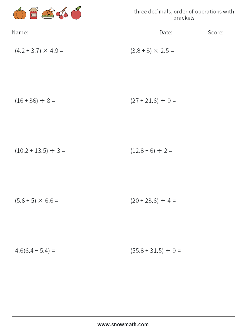 three decimals, order of operations with brackets Math Worksheets 17